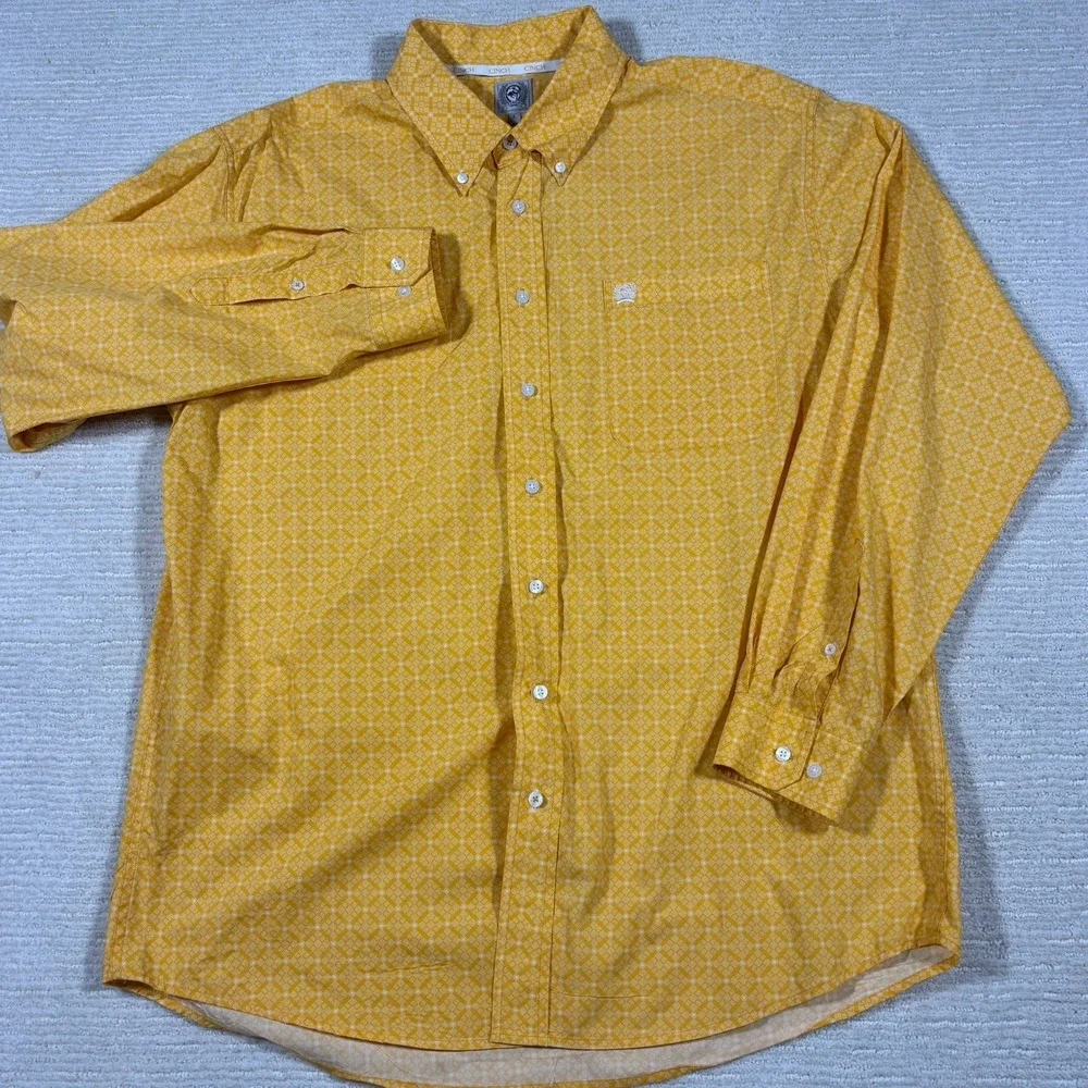 Cinch Button Up Shirt Mens Large Yellow Geometric Western Cowboy Classic Rodeo - Picture 2 of 11